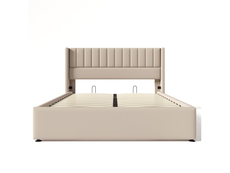 Lit coffre 160x200 cm en lin beige, avec sommier relevable hydraulique et grand rangement - Conforama A
