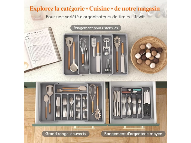  1 tiroir à couverts extensible gris 33,5 x 37,5 cm, boîte de rangement pour couverts (convient aux cuillères, fourchettes, couteaux)  - Conforama C