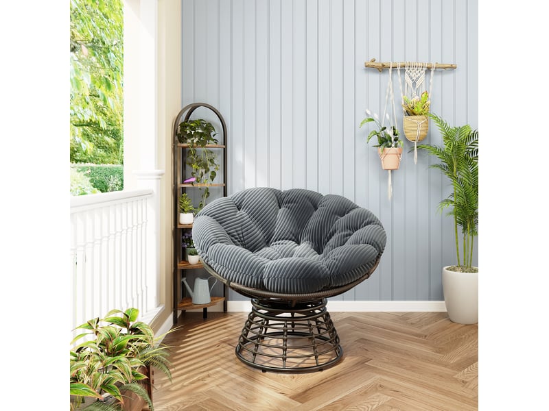  Fauteuil papasan pivotant 360° en résine tressée, coussin gris en velours côtelé pour salon et extérieur  - Conforama E