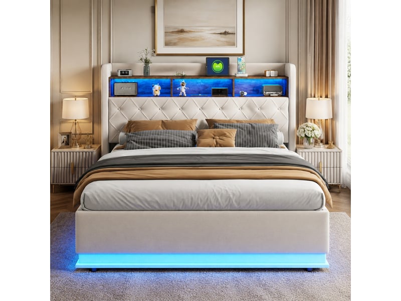  Lit coffre led 180 x 200 cm avec rangement hydraulique, usb et tissu beige  - Conforama B