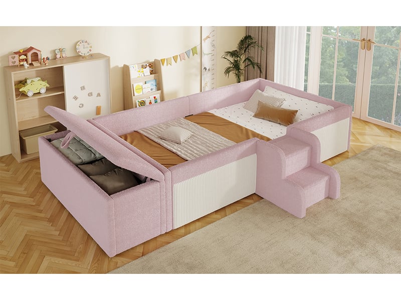 Lit enfant 90 x 190 cm, banc coffre mobile, escalier 2 marches, contours rembourrés, sommier à lattes inclus, revêtement bouclé, rose et blanc Luxe haut de gamme - Conforama W