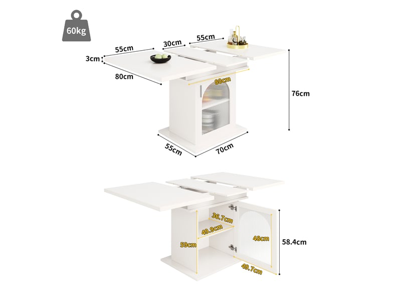 Table à manger extensible rectangulaire en mdf avec 1 porte en verre et étagères réglables,140x80cm,blanc table blanc - Conforama C