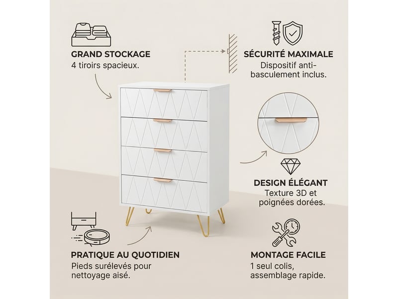 Commode 4 tiroirs, 60x34x90cm, meuble de rangement avec dispositif anti-basculement, bois et métal, style moderne luxe, blanc et or - Conforama C