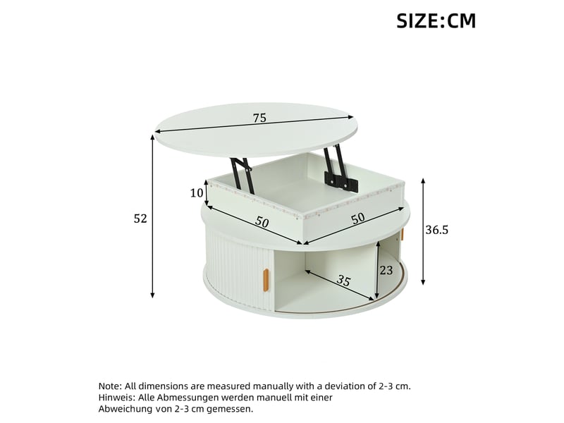  Table basse ronde relevable 75x75x52 cm blanche avec led et rangement  - Conforama C