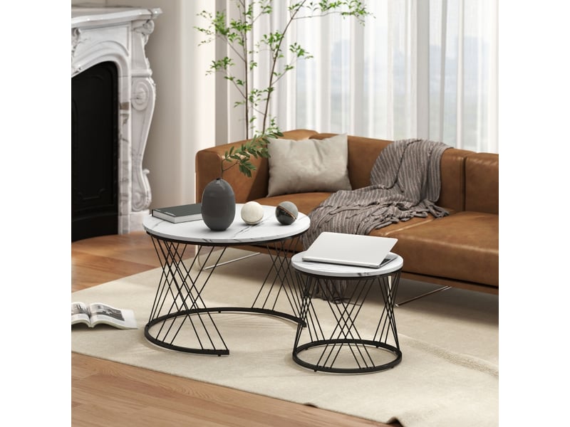  Lot de 2 tables basses gigognes rondes, plateau effet marbre blanc, structure en métal géométrique, 70 cm  - Conforama W