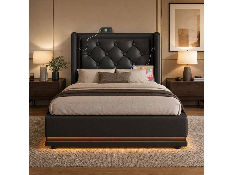  Lit coffre 1 place 90x200 cm avec led et usb-c, revêtement pu noir  - Conforama D