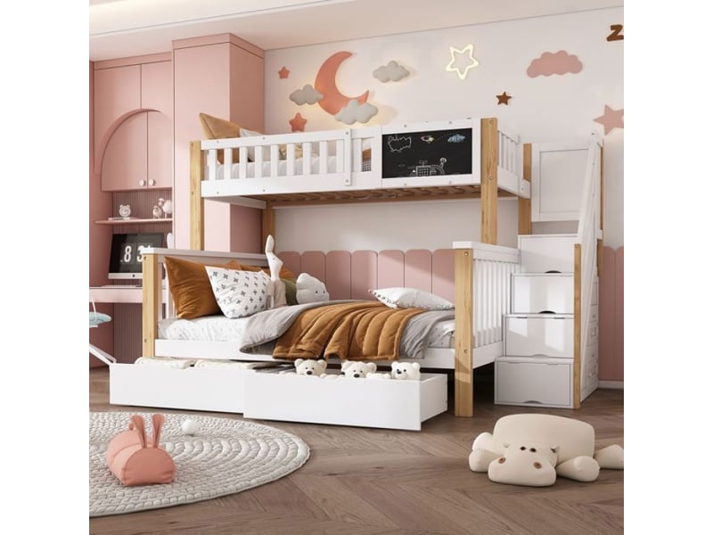 Lit superposé 3 etage, 90 x 200+ 140 x 200 cm, lit enfant avec planche et tiroirs, lit doubl, blanc + chêne clair  - Conforama B