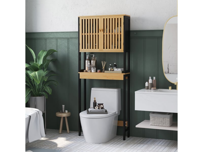  Meuble au-dessus des toilettes en bambou et mdf, 2 portes à lattes, 60 x 21,5 x 172 cm  - Conforama D