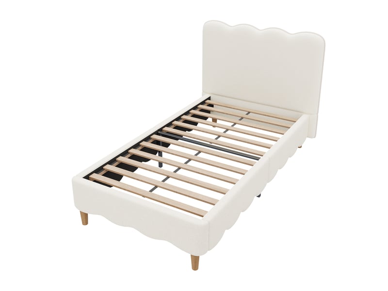  Lit enfant 90 x 200 cm avec sommier à lattes, tête de lit rembourrée en tissu bouclé blanc  - Conforama R