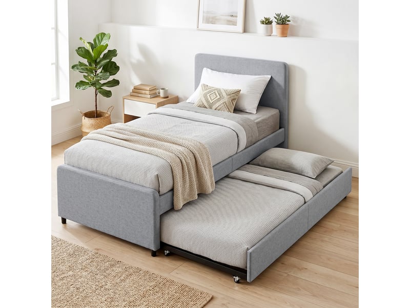 Lit gigogne 90x190 gris clair, cadre de lit simple double avec tête rembourrée  - Conforama D