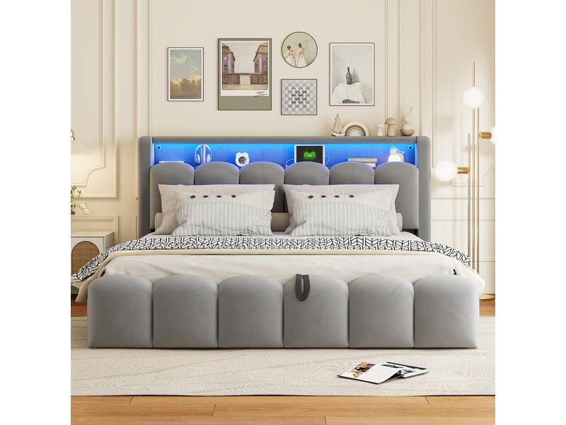  Lit coffre rembourré 180x200 cm coloris gris led velours lit adulte gris - Conforama D