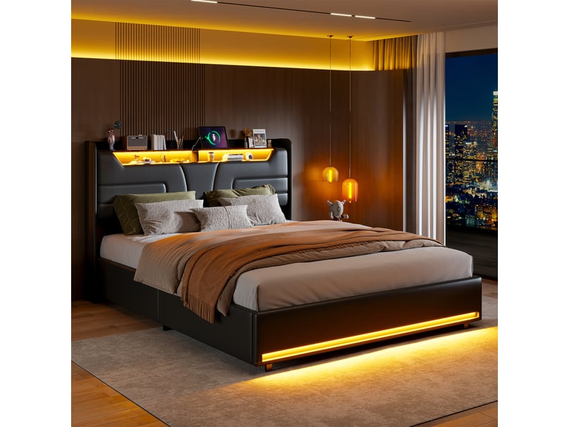  Lit double coffre - 160 x 200 cm-noir - en similicuir pu, avec tête de lit lumineuse, double éclairage led, ports de charge et vérins hydrauliques  - Conforama E