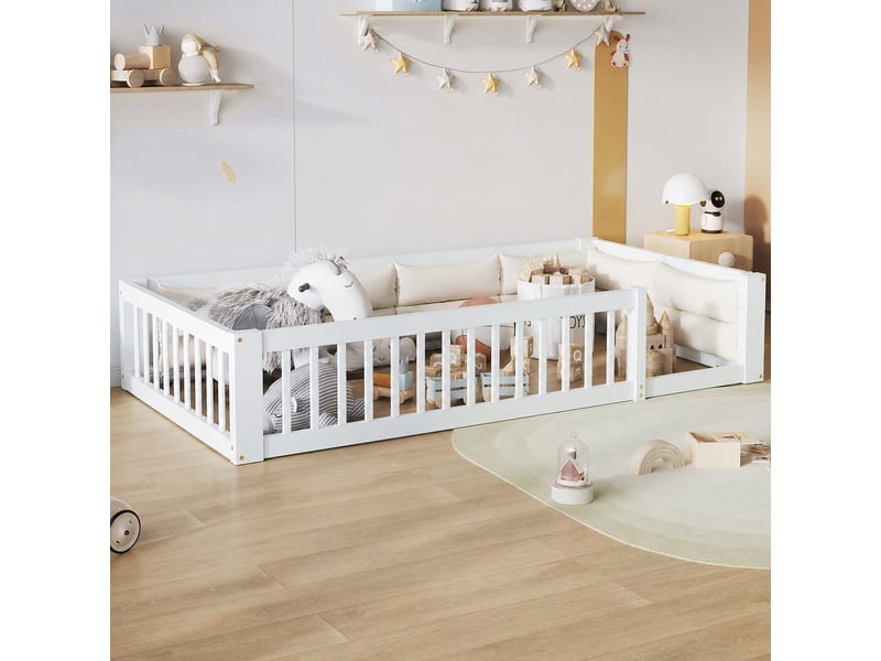  Lit enfant 90 x 200 cm avec barrières de sécurité et coussins, blanc  - Conforama C