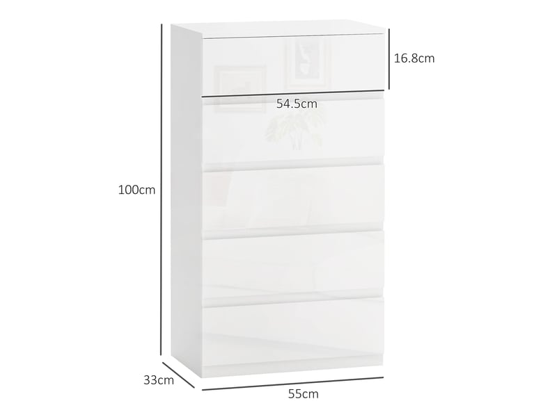  Commode moderne en bois à 5 tiroirs, anti-basculement, 55 x 33 x 100 cm, blanc brillant  - Conforama E