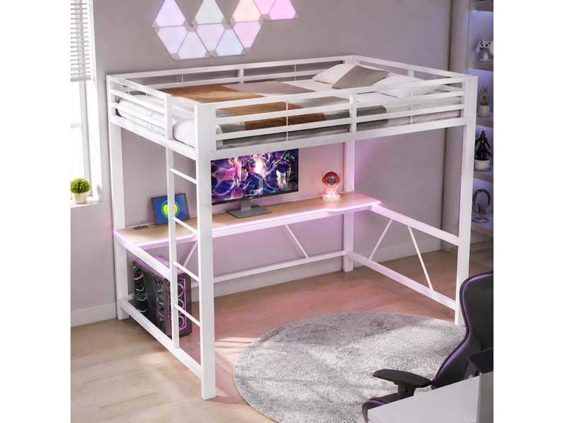  Lit mezzanine 2 places 140×200 cm avec bureau, led et usb  - sans matelas métal et mdf - blanc  - Conforama C