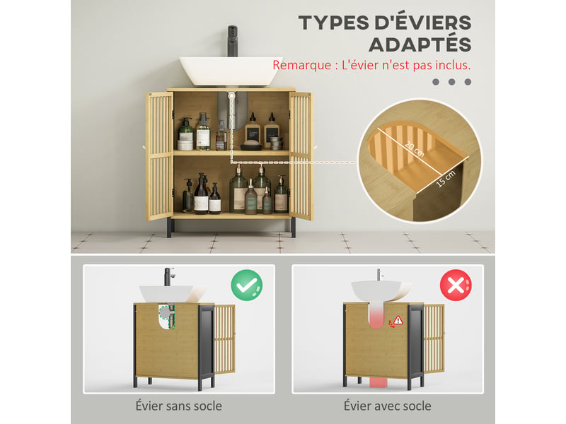  Meuble sous lavabo 2 portes en mdf et bambou, étagère réglable, 60 x 30 x 70 cm  - Conforama R