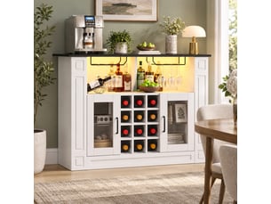 Meuble bar 120x35x84 cm buffet avec led rgb, porte-verres, 3 tiroirs, casier à bouteilles amovible et portes vitrées, blanc