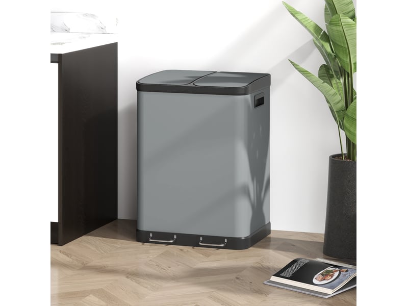  Poubelle à pédale tcqpz 2 x 30 l en métal grise avec 2 bacs amovibles 48,8 x 39,5 x 67 cm  - Conforama B