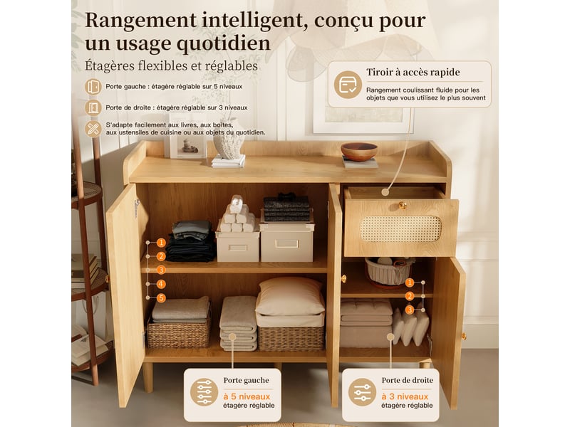  Buffet 3 portes 1 tiroir en cannage de rotin coloris chêne 120x40x91 cm AB20817980A - Conforama D