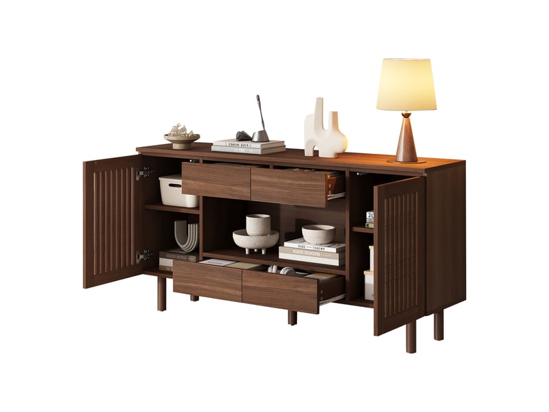 Buffet de rangement 4 tiroirs et 2 portes à lames - lpospi - 5 pieds en bois massif mdf noyer 140 × 35 × 71 cm - Conforama A