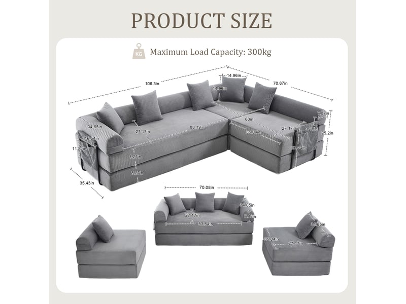 Canapé modulable modenvie 4 places en velours côtelé gris foncé 270 x 180 x 64 cm - Conforama C