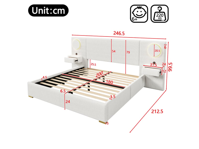  Lit pour adulte de 180 x 200 cm, avec tête de lit à led, port usb et table de chevet, en velours, beige  - Conforama C