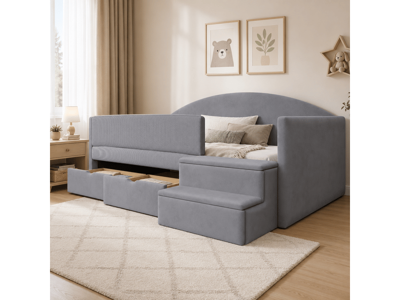  Lit enfant rembourré 90x190 cm avec 2 tiroirs, barrières et marches gris clair  - Conforama B