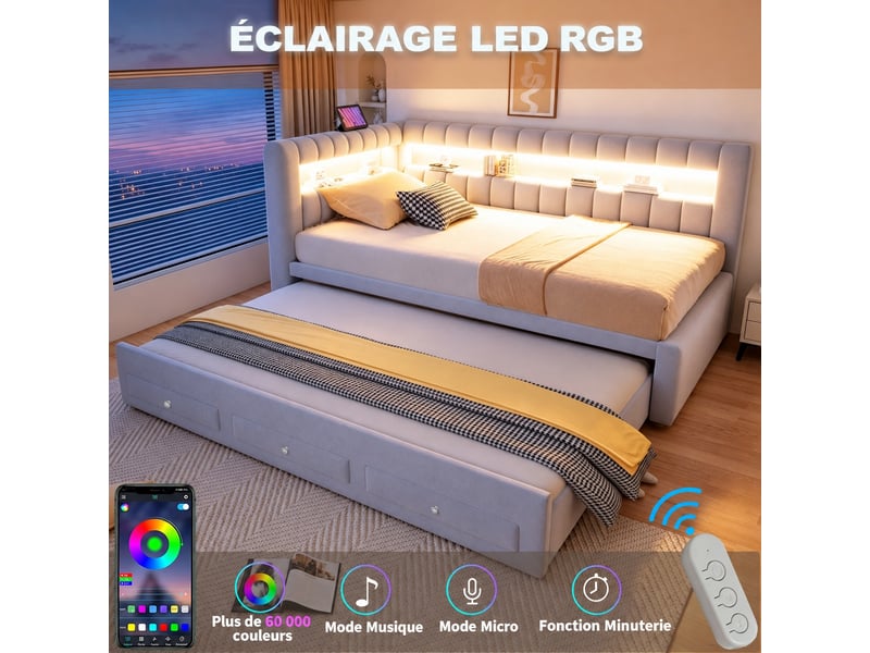 Canapé-lit 90 x 190 cm, velours gris clair, lit gigogne, led et tiroirs - Conforama E