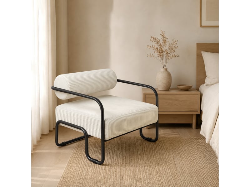  Fauteuil lounge en velours côtelé beige avec structure en métal noir  - Conforama D