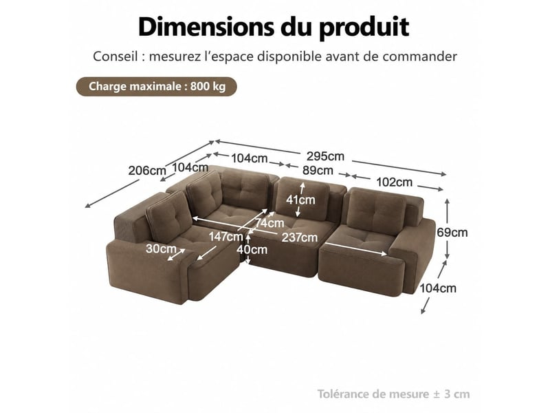  Canapé modulable personnalisable en tissu côtelé, sans montage et adaptée au bureau, 69 × 295 × 206 cm, marron  - Conforama C