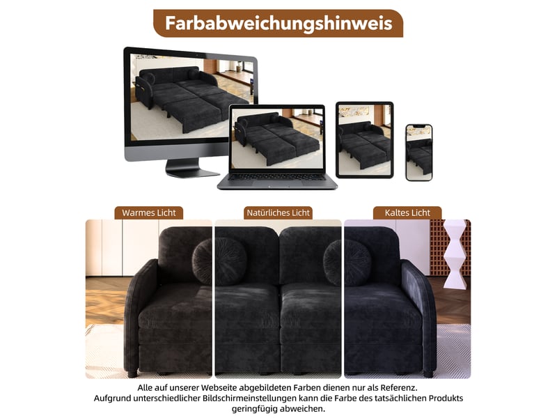 Canapé convertible 2 places 3-en-1, canapé-lit queen size avec poches latérales, coussins mobiles, tissu chenille noir, 166 x 84 x 90 cm - Conforama E