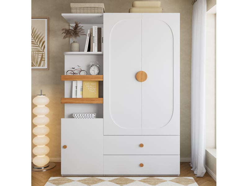 Armoire de rangement modenvie 125 x 50 x 180 cm avec penderie, tiroirs et étagères ouvertes en mdf blanc et naturel - Conforama D