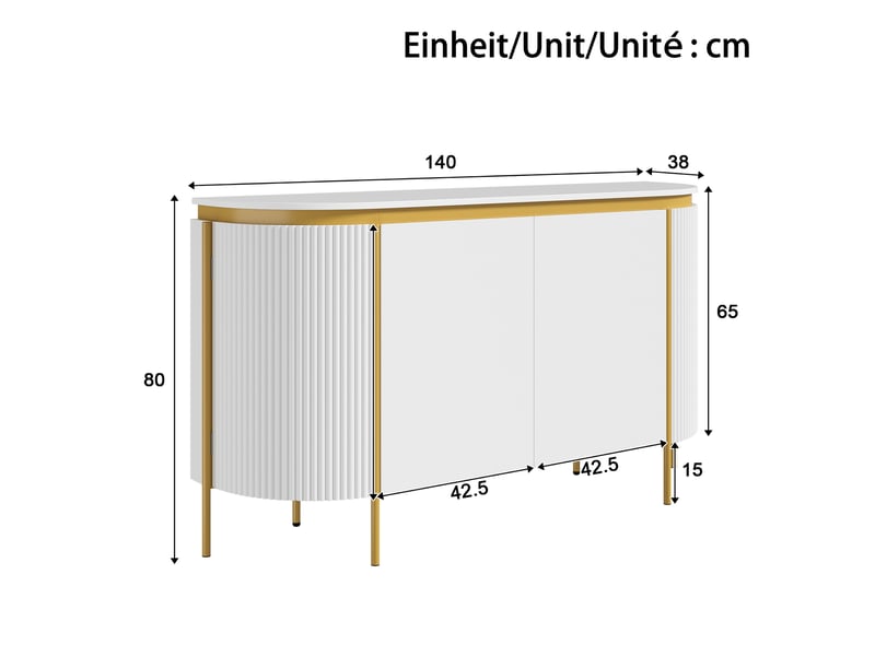 Buffet de rangement 140x38x80 cm, 4 portes sans poignées, façades rainurées, passe-câbles, pieds métal pour salon - blanc - Conforama C