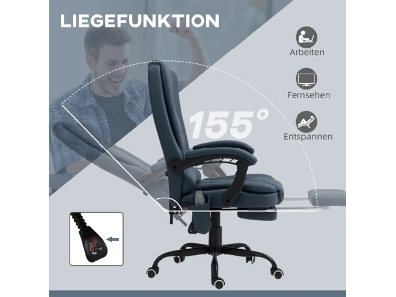  Fauteuil de bureau massant bleu avec 7 points de vibration, repose-pieds et dossier réglables, 120 kg  - Conforama D