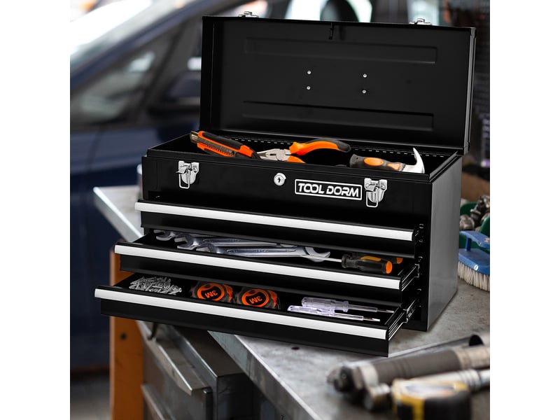  Boîte à outils métal 20,3 3 tiroirs verrouillable coffre rangement atelier garage noir  - Conforama D