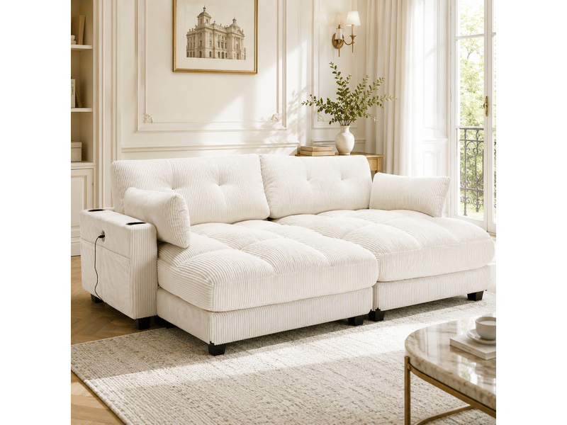  Fauteuil de salon, fauteuil confortable, beige, avec accoudoirs, poches latérales, porte-gobelets  - Conforama A