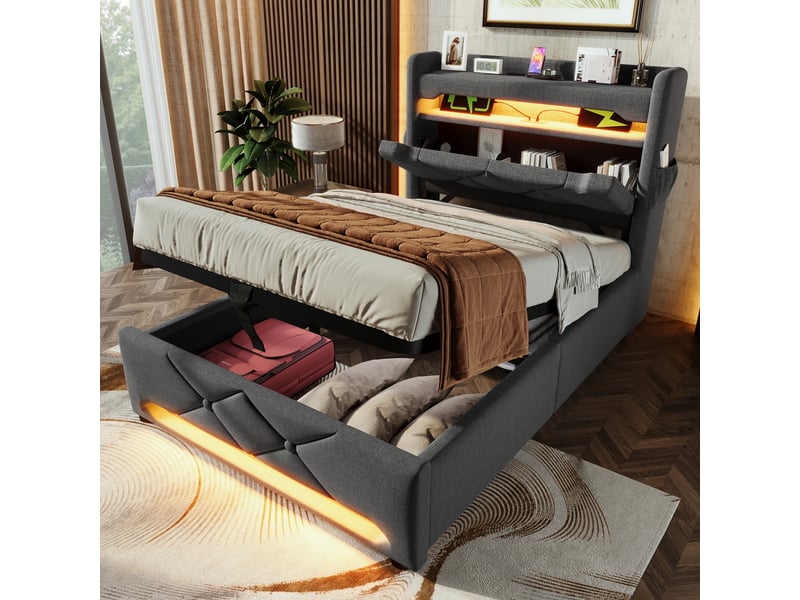  Lit coffre 90 × 200 cm avec sommier relevable, tête de lit avec rangement, led, 3 usb et type-c, tissu en lin - gris  - Conforama B