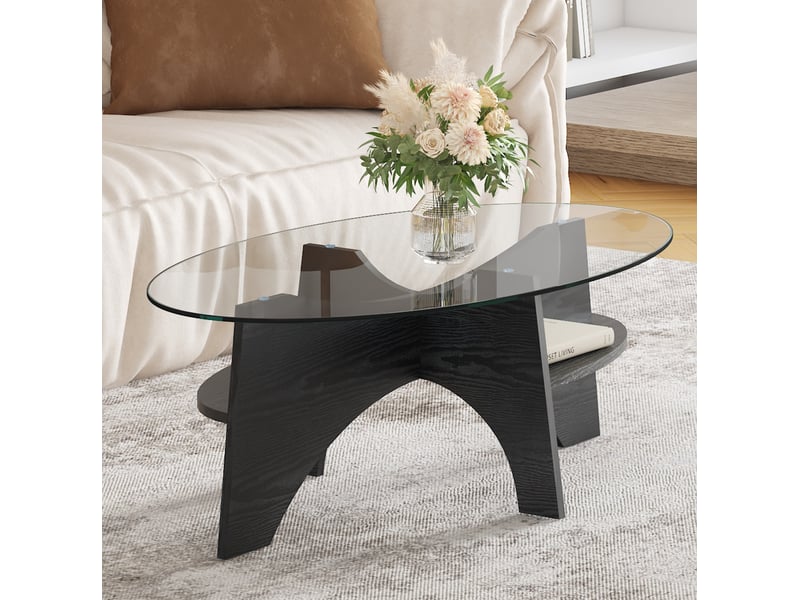  Table basse ovale moderne – plateau en verre de sécurité – mdf noir aspect bois – 104,9 x 60 x 35,6 cm  - Conforama B