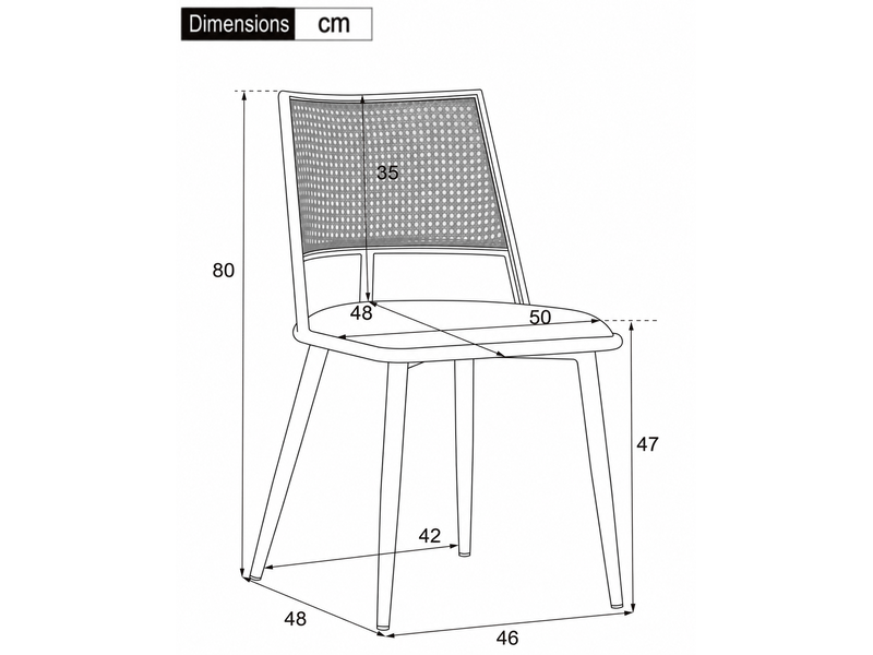  Lot de 4 chaises de salle à manger noires, dossier en rotin, assise pu rembourrée, cadre métal, h80 cm, cuisine séjour  - Conforama C