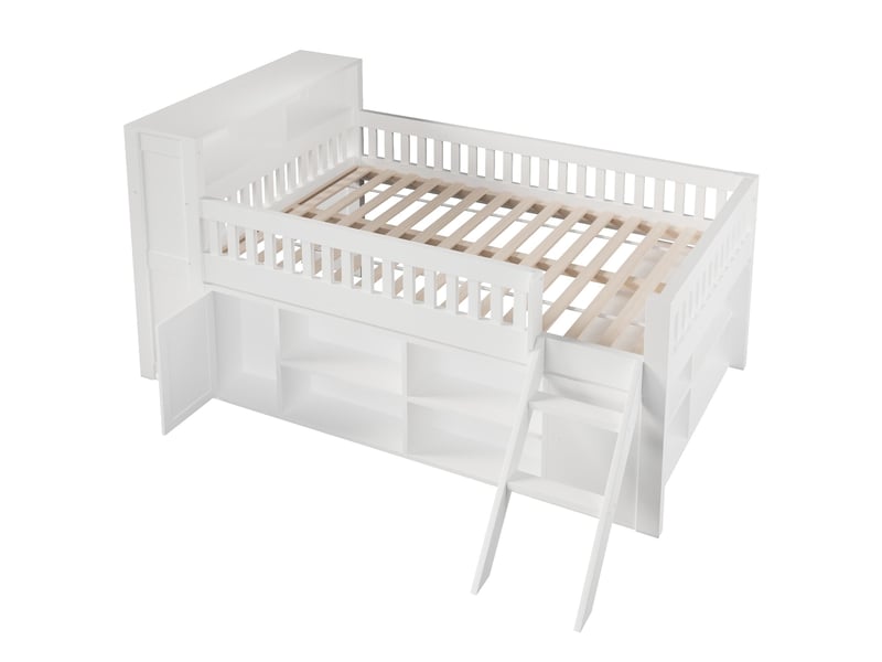  Lit mezzanine bas, 120 x 200 cm, avec éclairage led et rangements, cadre de lit en bois, blanc  - Conforama E