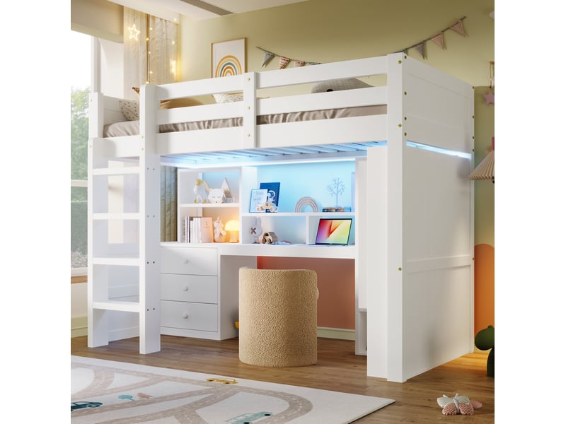  Modenvie lit mezzanine 90x200 cm - avec led, bureau et rangement, sans matelas - blanc  - Conforama E