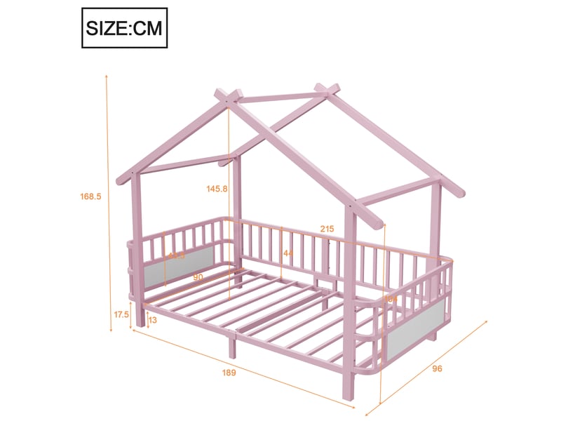  Lit enfant 90x200 cm avec barrières de sécurité et cadre en forme de toit en métal rose  - Conforama E
