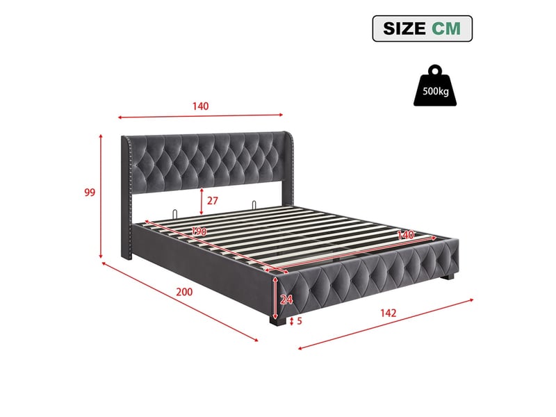  Lit 140x190cm - lit coffre 140x190cm - lit rembourré en velours avec rangement et tête de lit capitonnée rivets - gris foncé  - Conforama E