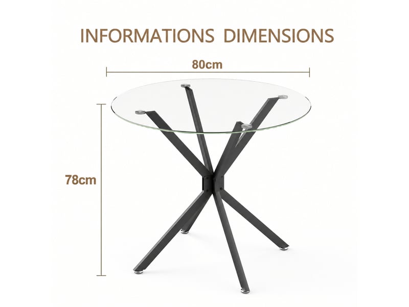 Table à manger ronde 1 à 4 personnes, plateau en verre trempé - lpospi - pieds métalliques réglables, verre et métal noir  - Conforama E