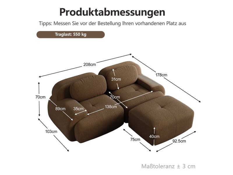  Tcqpz canapé d’angle modulable en tissu côtelé 32d sans montage, marron  - Conforama C