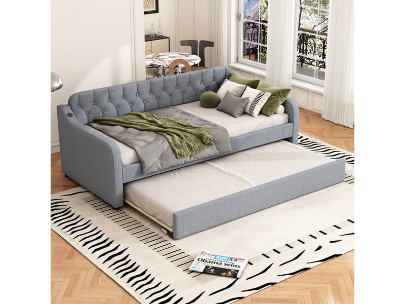  Lit gigogne 90x200 cm convertible en canapé avec port usb, revêtement en lin gris  - Conforama D