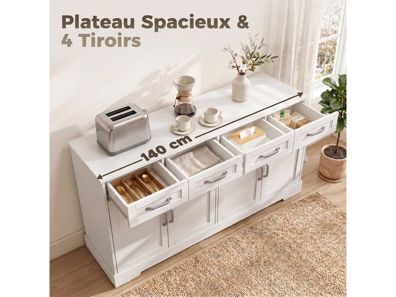  Buffet cuisine avec tiroirs, portes, étagères réglables, style shaker, dispositif anti-basculement, blanc, 140x38x80cm  - Conforama E