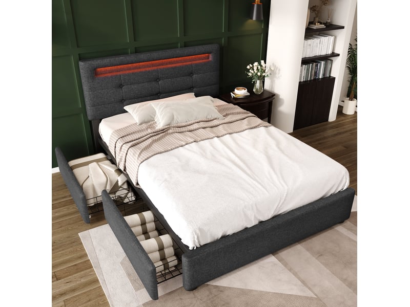  Modenvie lit simple 90x200 cm - led avec télécommande, 2 tiroirs, matelas inclus - gris  - Conforama B