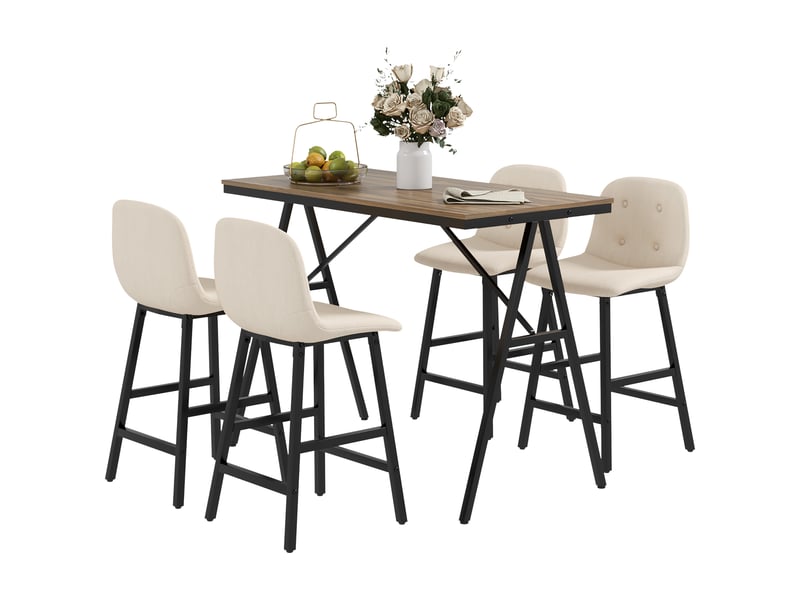  Ensemble bar 5 pièces, table et 4 chaises, capitonnage à boutons, revêtement épais aspect lin, beige  - Conforama A