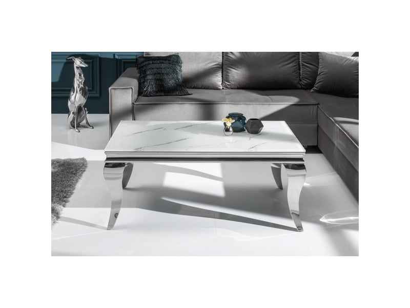  Table basse velena 100 cm effet marbre blanc avec verre trempé – pieds galbés argentés  - Conforama E